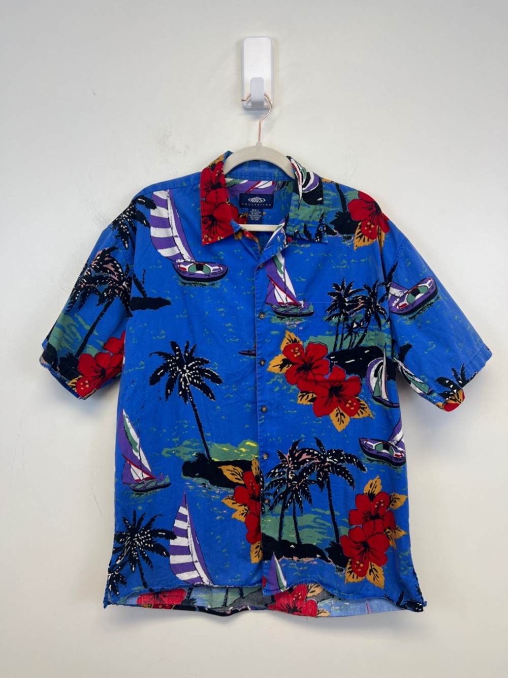 Trust Collection Men's Hawaiian Floral Blue Red Purple Button-Up Shirt Size L